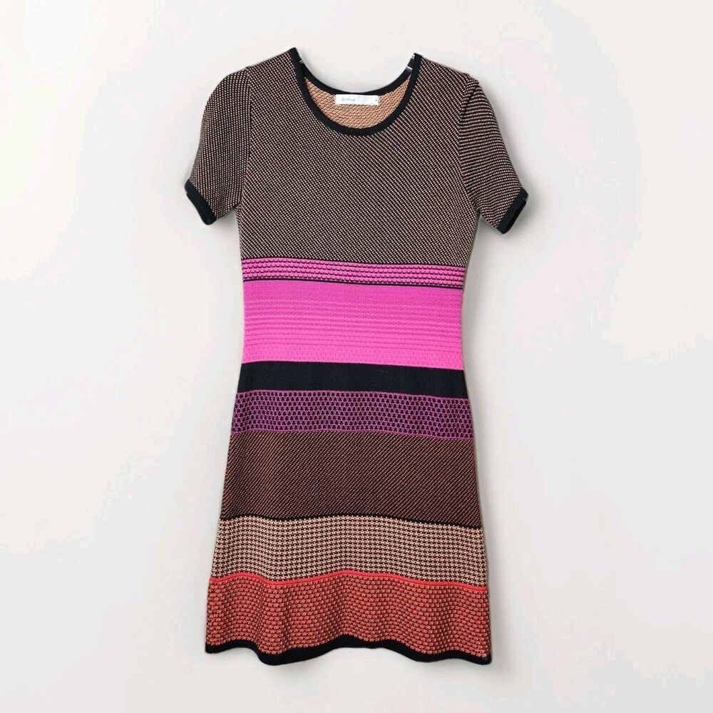 Skovhuus Danish Designer Vibrant Striped Knit Short Sleeve Stylish Sweater Dress